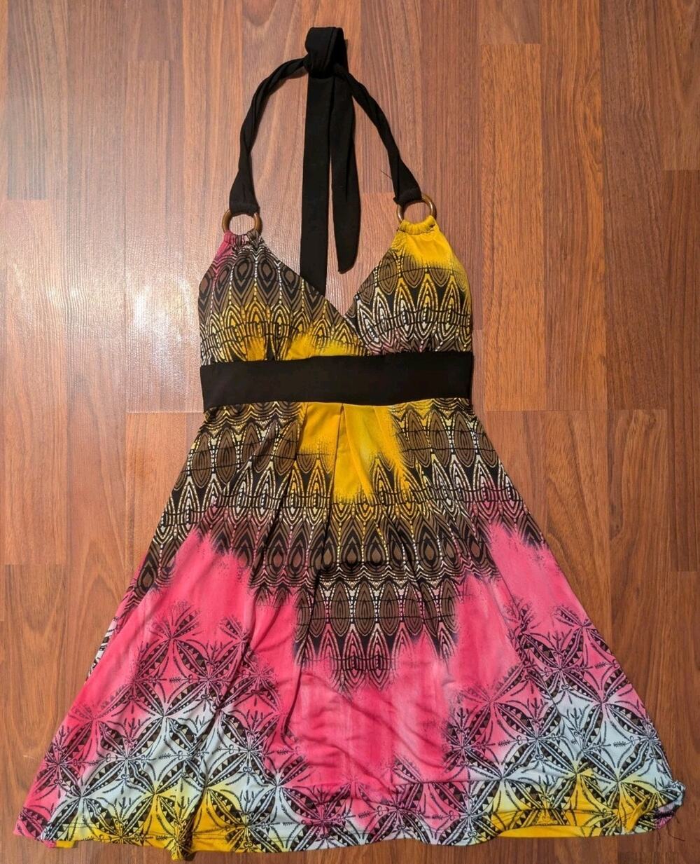 Y2K Abstract Print Halter Mini Dress Padded Tie Back